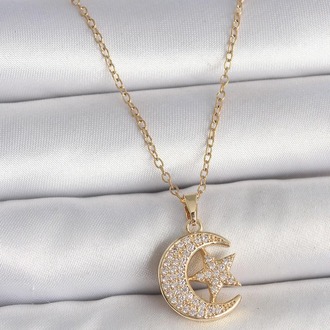 316L Çelik Gold Renk Zincir Zirkon Taşlı Ay Yıldız Model Kadın Kolye | BKO10107