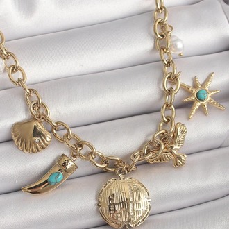 316L Çelik Gold Renk Zincir Sallantılı Çoklu Figür Model Kadın Kolye | BKO9849