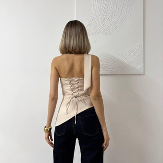 Champagne Lace-Up Asimetrik Straplez Bluz