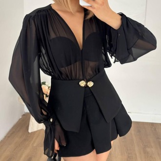 Noir Gold Düğme Detaylı Şifon Bluzlu Ceket Elbise