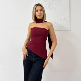Burgundy Aura Asimetrik Yaka Straplez Bluz