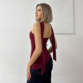 Burgundy Aura Asimetrik Yaka Straplez Bluz