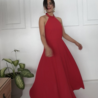 Halter Yaka Kırmızı Elbise 