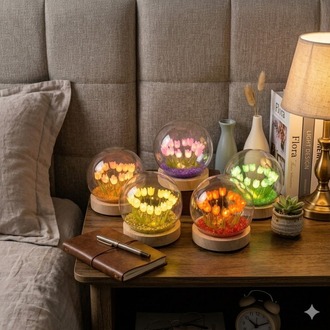 LED Işıklı Lale Dekoratif Cam Fanus