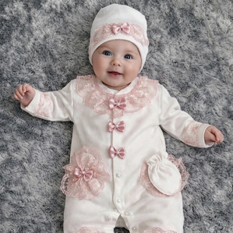 Kız Bebek Pudra Dantelli ve İnci Detaylı Mevlüt Tulum Seti - 4 Parça