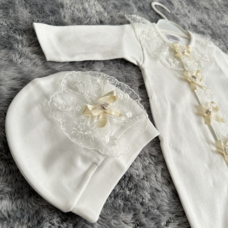 Kız Bebek Gold Detaylı ve Güpürlü Hastane Çıkışı Tulum Seti - 2 Parça