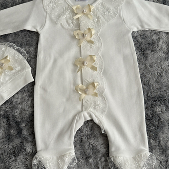 Kız Bebek Gold Detaylı ve Güpürlü Hastane Çıkışı Tulum Seti - 2 Parça