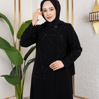 Gizli Fermuarlı Taşlı Ferace(Siyah)