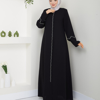 Çift Kol Detaylı Taşlı Ferace(Siyah)