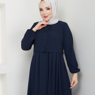 Bolero ve Düğme Detaylı Gizli Fermuarlı Ferace(Lacivert)
