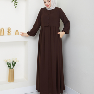 Bolero ve Düğme Detaylı Gizli Fermuarlı Ferace(Acı Kahve)