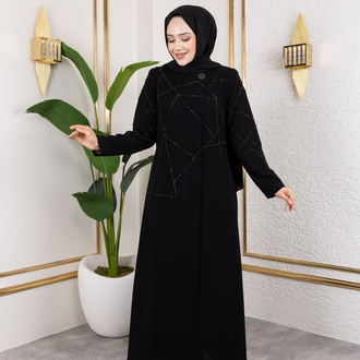 Gizli Fermuarlı Taşlı Ferace(Siyah)