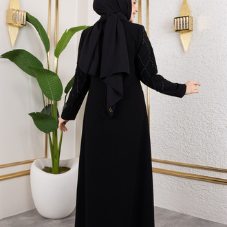 Gizli Fermuarlı Taşlı Ferace(Siyah)