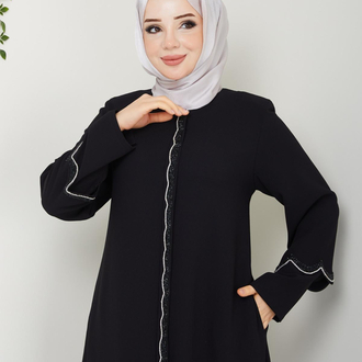 Çift Kol Detaylı Taşlı Ferace(Siyah)