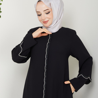 Çift Kol Detaylı Taşlı Ferace(Siyah)