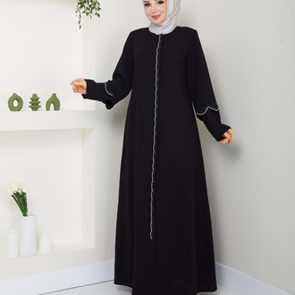 Çift Kol Detaylı Taşlı Ferace(Siyah)