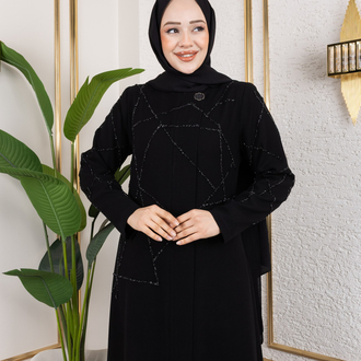 Gizli Fermuarlı Taşlı Ferace(Siyah)