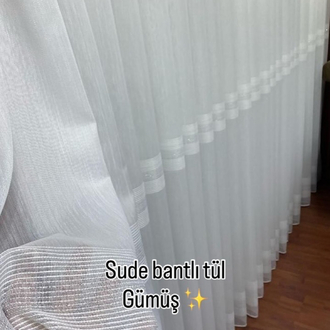 Sude bantlı tül sık pile GÜMÜŞ