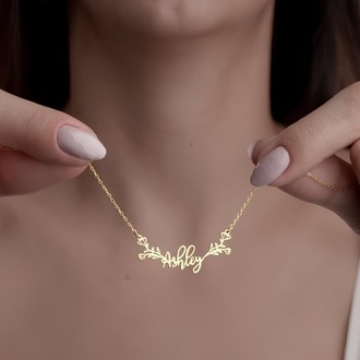 Navan 925 Ayar Gümüş Çiçek Motifli Kişiye Özel İsim Kolyesi (Gold, Silver ve Rose)