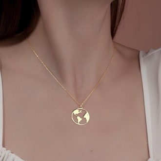 Navan 925 Ayar Gümüş Dünya Haritası Kolye (Gold, Silver ve Rose)