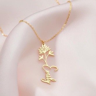 Navan 925 Ayar Gümüş Kişiye Özel Çiçek Detaylı İsim Kolye (Gold, Silver ve Rose) 