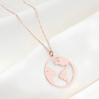 Navan 925 Ayar Gümüş Dünya Haritası Kolye (Gold, Silver ve Rose)