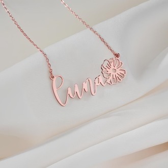 Navan 925 Ayar Gümüş Kişiye Özel Çiçek Detaylı İsim Kolye (Gold, Silver ve Rose)