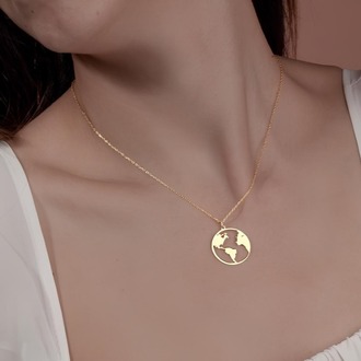 Navan 925 Ayar Gümüş Dünya Haritası Kolye (Gold, Silver ve Rose)