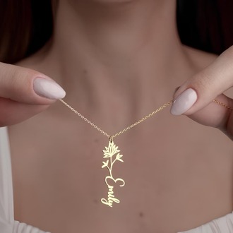 Navan 925 Ayar Gümüş Kişiye Özel Çiçek Detaylı İsim Kolye (Gold, Silver ve Rose) 