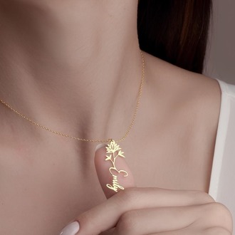 Navan 925 Ayar Gümüş Kişiye Özel Çiçek Detaylı İsim Kolye (Gold, Silver ve Rose) 