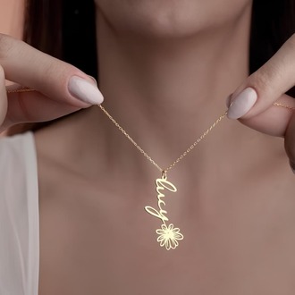 Navan 925 Ayar Gümüş Kişiye Özel Çiçek Detaylı İsim Kolye (Gold, Silver ve Rose)
