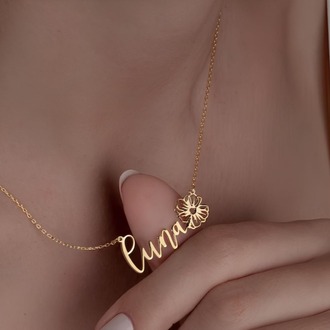 Navan 925 Ayar Gümüş Kişiye Özel Çiçek Detaylı İsim Kolye (Gold, Silver ve Rose)