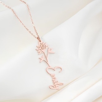 Navan 925 Ayar Gümüş Kişiye Özel Çiçek Detaylı İsim Kolye (Gold, Silver ve Rose) 