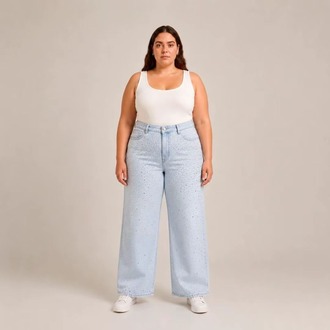 KADIN-BÜYÜK BEDEN JEANS GENİŞ PAÇA SERPME TAŞLI KOT PANTOLON-Açık Buz