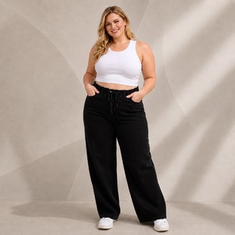 Yeni Sezon-Yüksek Bel Lastikli Wide Leg Pantolon - Esnek ve Rahat Kesim Jean-Siyah