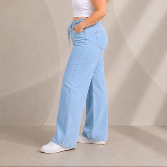 Yeni Sezon-Yüksek Bel Lastikli Wide Leg Pantolon - Esnek ve Rahat Kesim Jean-Buz Mavisi