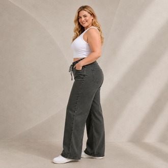 Yeni Sezon-Yüksek Bel Lastikli Wide Leg Pantolon - Esnek ve Rahat Kesim Jean-Gri