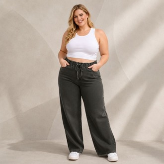 Yeni Sezon-Yüksek Bel Lastikli Wide Leg Pantolon - Esnek ve Rahat Kesim Jean-Gri