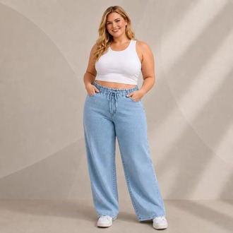 Yeni Sezon-Yüksek Bel Lastikli Wide Leg Pantolon - Esnek ve Rahat Kesim Jean-Kot Mavisi