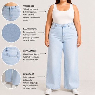 WİDE LEG JEANS PREMİUM KADIN EXTRA BÜYÜK BEDEN SÜPER YÜKSEK BEL ESNEK KOT-Açık Buz