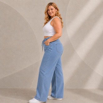Yeni Sezon-Yüksek Bel Lastikli Wide Leg Pantolon - Esnek ve Rahat Kesim Jean-Orta Kot Mavi