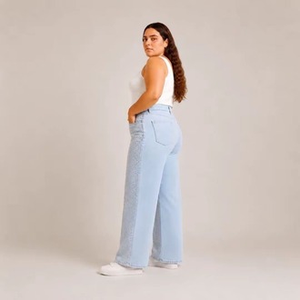 KADIN-BÜYÜK BEDEN JEANS GENİŞ PAÇA SERPME TAŞLI KOT PANTOLON-Açık Buz