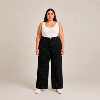 KADIN-BÜYÜK BEDEN JEANS GENİŞ PAÇA SERPME TAŞLI KOT PANTOLON-Siyah