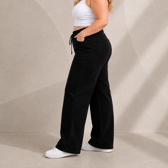 Yeni Sezon-Yüksek Bel Lastikli Wide Leg Pantolon - Esnek ve Rahat Kesim Jean-Siyah