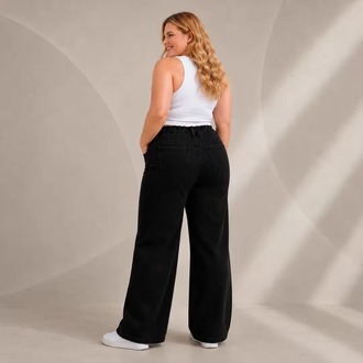 Yeni Sezon-Yüksek Bel Lastikli Wide Leg Pantolon - Esnek ve Rahat Kesim Jean-Siyah