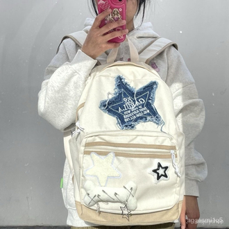 y2k star denim detaylı retro college tarzı krem sırt çantası