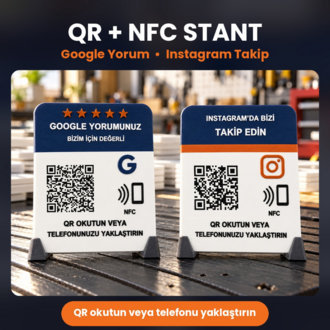 QR + NFC Masaüstü Stant | Google Yorum / Instagram Takip