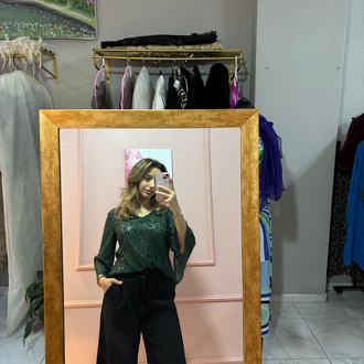 Yeşil Triko Payet Detaylı Pantolon Krep