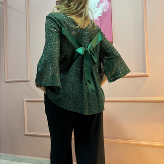 Yeşil Triko Payet Detaylı Pantolon Krep