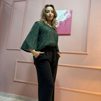Yeşil Triko Payet Detaylı Pantolon Krep